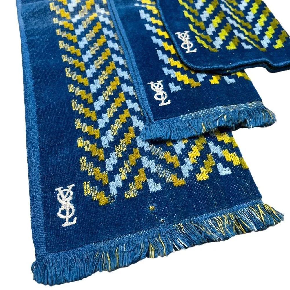 VTG YSL Yves Saint Laurent Blue Retro MCM Terrycloth Fieldcrest 3 Pc Towel Set